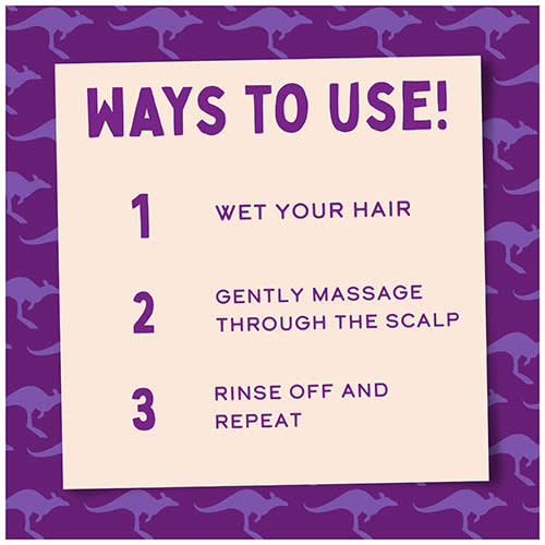 Infographic: WAYS TO USE! 1. WET YOUR HAIR, 2. GENTLY MASSAGE THROUGH THE SCALP, 3. RINSE OFF AND REPEAT