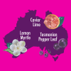 An image of Australia shape with caviar lime slice, lemon myrtle flower and two wild plums