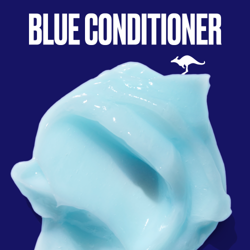 An image of blue cream zoomed in and a icon of the kangaroo in the background.