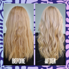 A photo of long blonde wavy hair - before and after Aussue use