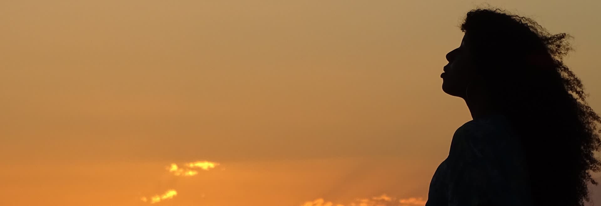 The shape of a woman with curly long dark hair on the sunset background