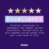 An purple image with a 5 stars review: 'Excellent conditioner it complements the shampoo version excellently.'