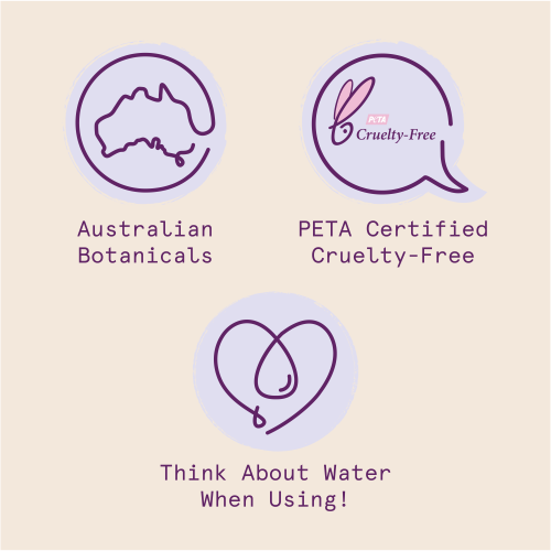 Aussie icons: Australian Botanicals, PETA Certified Cruelty-free and Think About Water When Using