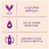 An infographic saying: cruelty free and vegan; up to 72 hours moisture, 40% recycled plastic bottle.