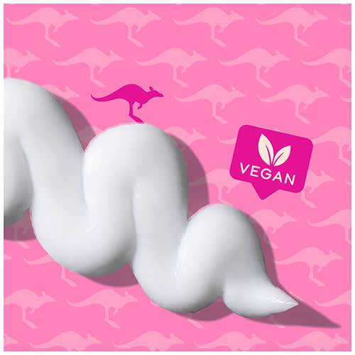 Infographic: VEGAN with a little bit of deep treatment product on pink background with kangoroos
