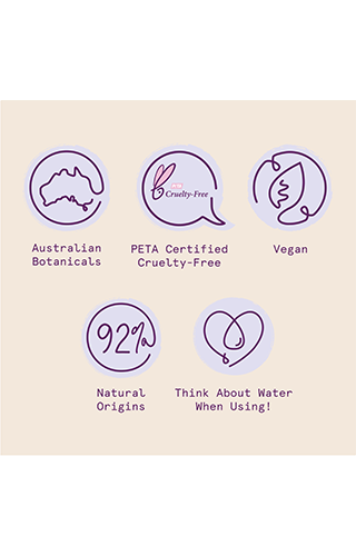 Aussie icons: Australian Botanicals, PETA Certified Cruelty-free, Vegan, Natural Origins, Think About Water When Using