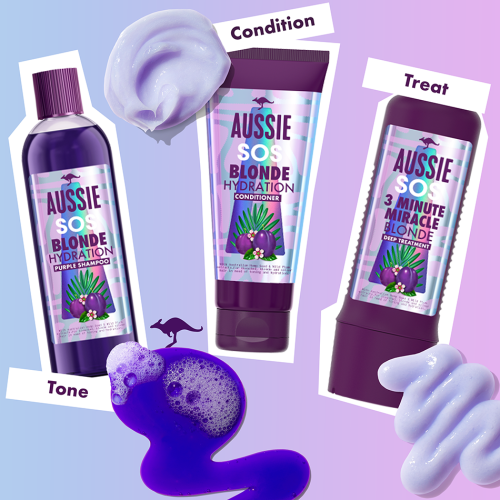 3 products of Aussie - Aussie SOS Blonde Hair Hydration Purple Shampoo, Blonde Hair Hydration Conditioner, 3 Minute Miracle Blonde Hair Deep Treatment 