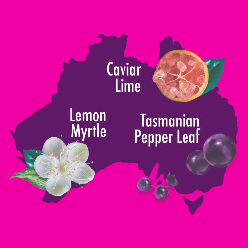 An image of Australia shape with pictures of caviar lime, lemon myrtle and tasmanian pepper leaf