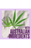 An illustarion of hemp leaves on the sand and a title: 'with Australian ingredients'