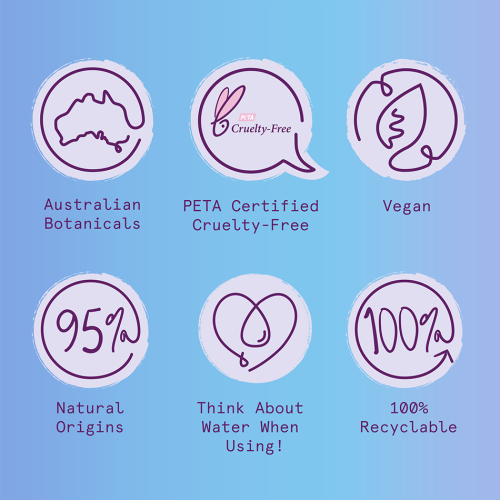 Aussie icons: Australian Botanicals, PETA Certified Cruelty-free, Vegan, Natural Origins, Think About Water When Using and 100% Recyclable