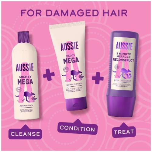 A picture of a shampoo bottle, conitioner, 3 minute miracle and a mask with a title for damaged hair.