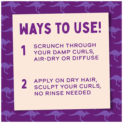 Infographic: WAYS TO USE! 1. SCRUNCH THROUGH YOUR DAMP CURLS, AIR-DRY OR DIFFUSE, 2. APPLY ON DRY HAIR, SCULPT YOUR CURLS, NO RINSE NEEDED