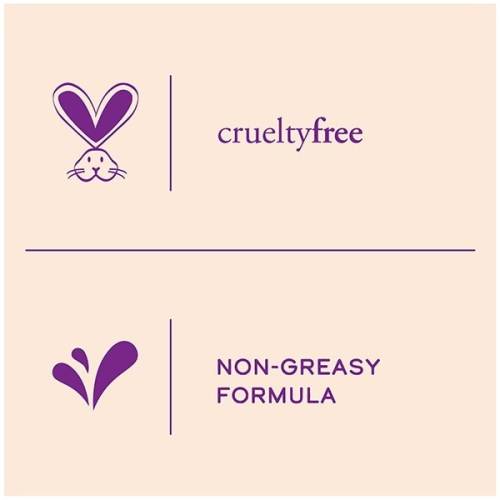 An infographic saying: cruelty free;, non-greasy formula.