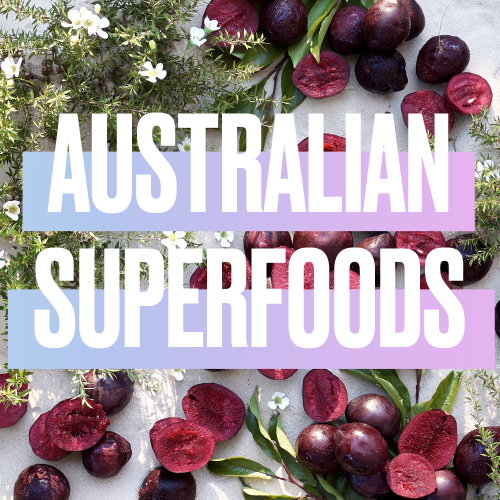 Australian Superfoods title on the background with fruits and plants