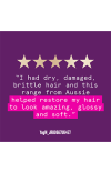 An purple image with a 5 stars review: 'I had dry, damaged brittle hair and this range from Aussie helped restore my hair to look amazing, glossy, and soft'