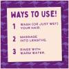 An infographic saying: ways to use! Wash (or just wet) your hair, massage into lengths, rinse with warm water.