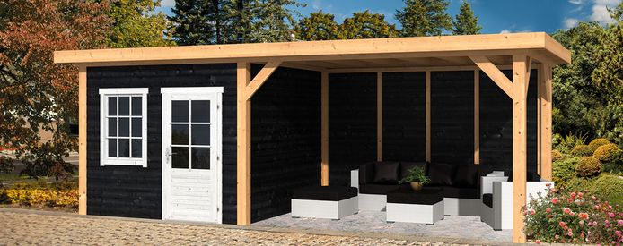 Overkapping lariks douglas met tuinhuis