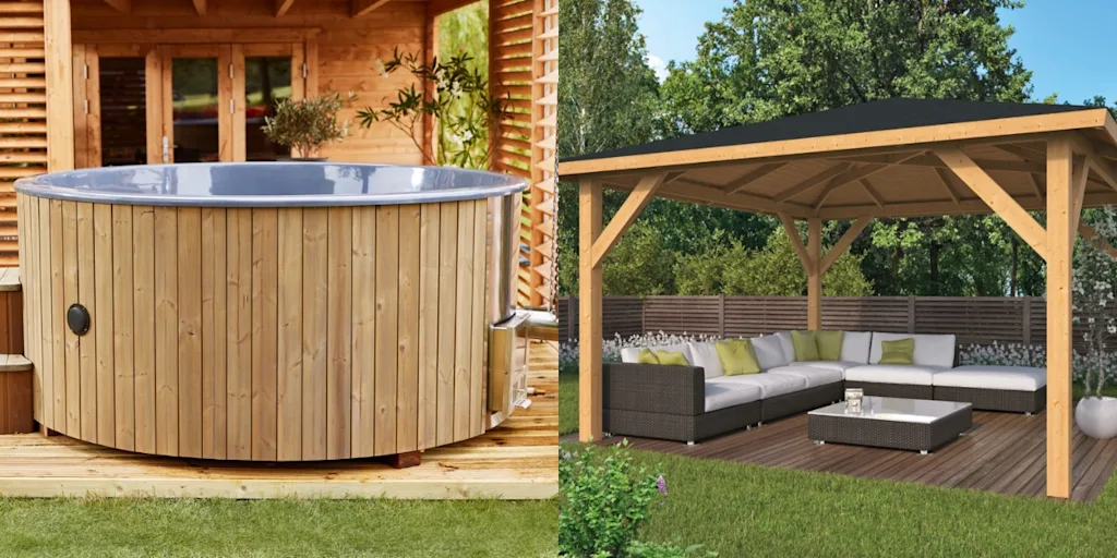 hot tub and wooden gazebo