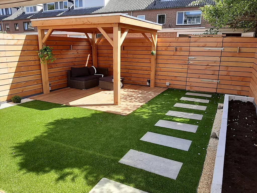 Tuinontwerp lariks douglas overkapping