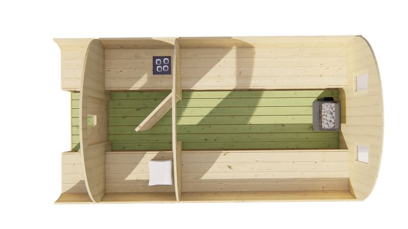 Barrel sauna met voorruimte
