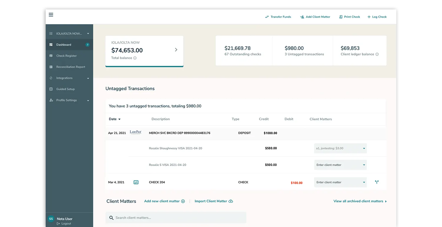 Nota by M&T Bank dashboard