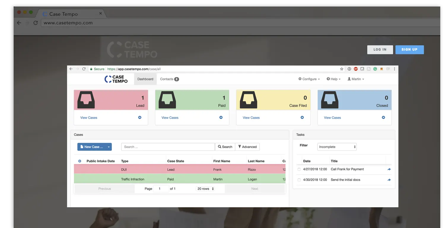 Case Tempo's practice management dashboard