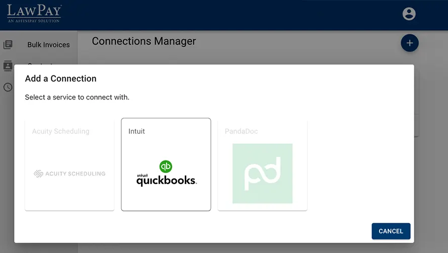 Lawpay's connections manager using QuickBooks