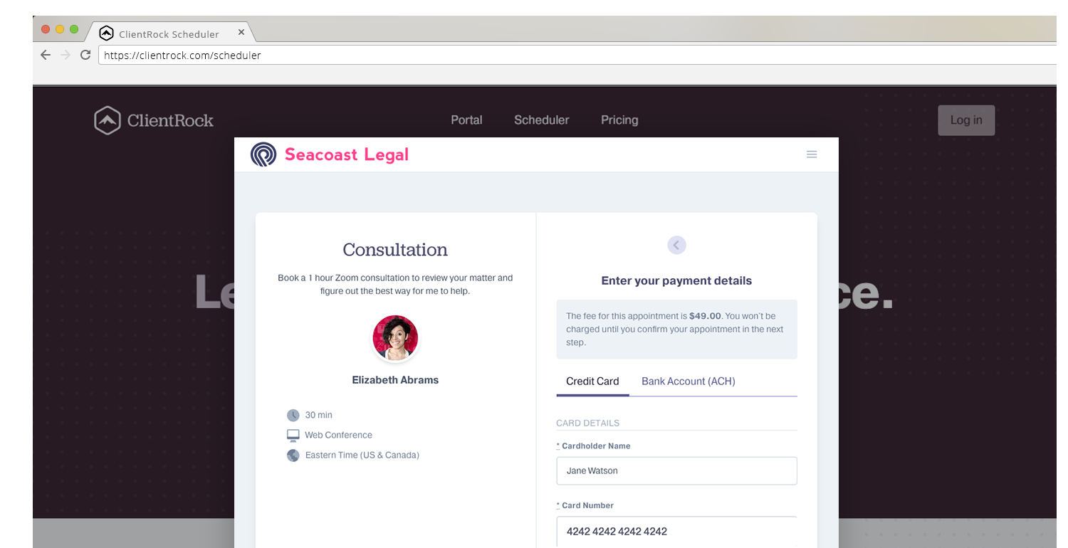 ClientRock Scheduler's consultation appointment payment page