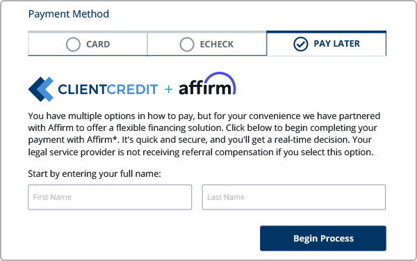 ClientCredit appears alongside credit card and eCheck payment options on a payment page