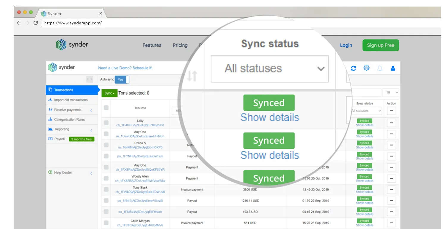 Synder's transaction sync status feature