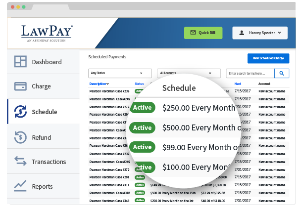 Lawpay's scheduled payments dashboard