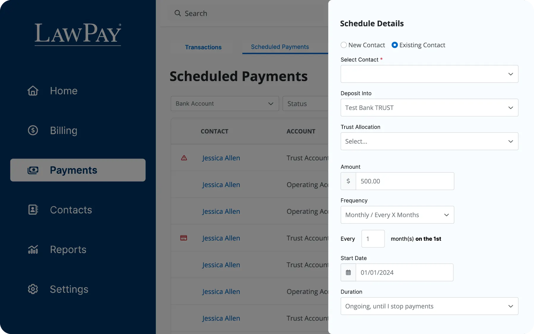 Lawpay's scheduled payments dashboard