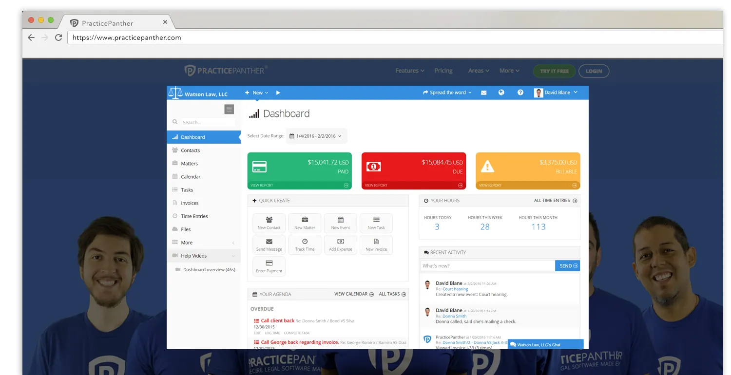 PracticePanther law practice management software dashboard
