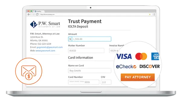 An invoice payment, with a business logo and address, amount, matter number, and credit card information.