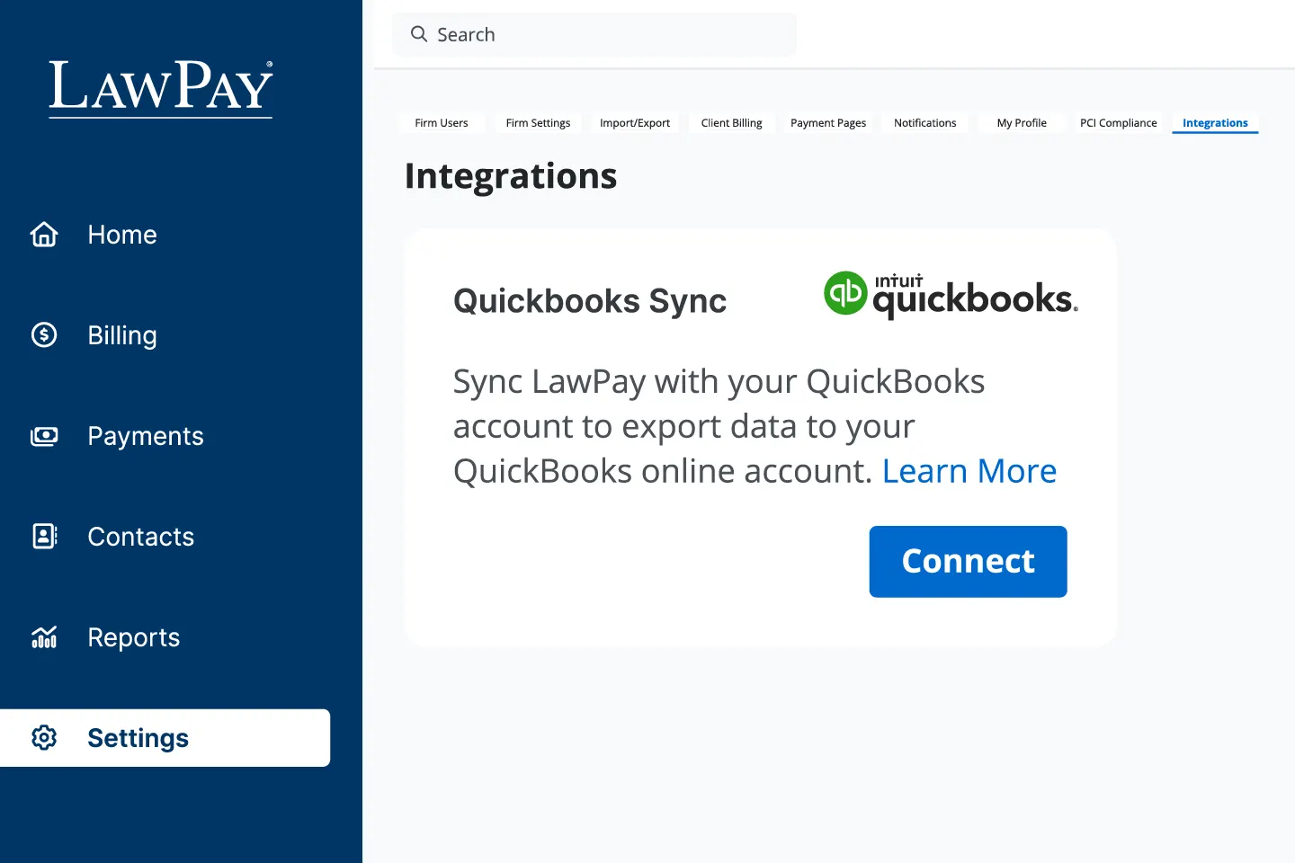 Lawpay's connections manager using QuickBooks