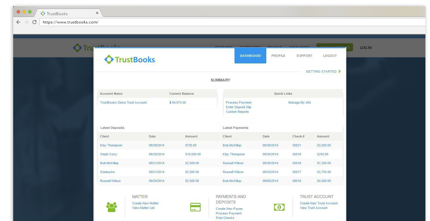 TrustBooks trust accounting software dashboard