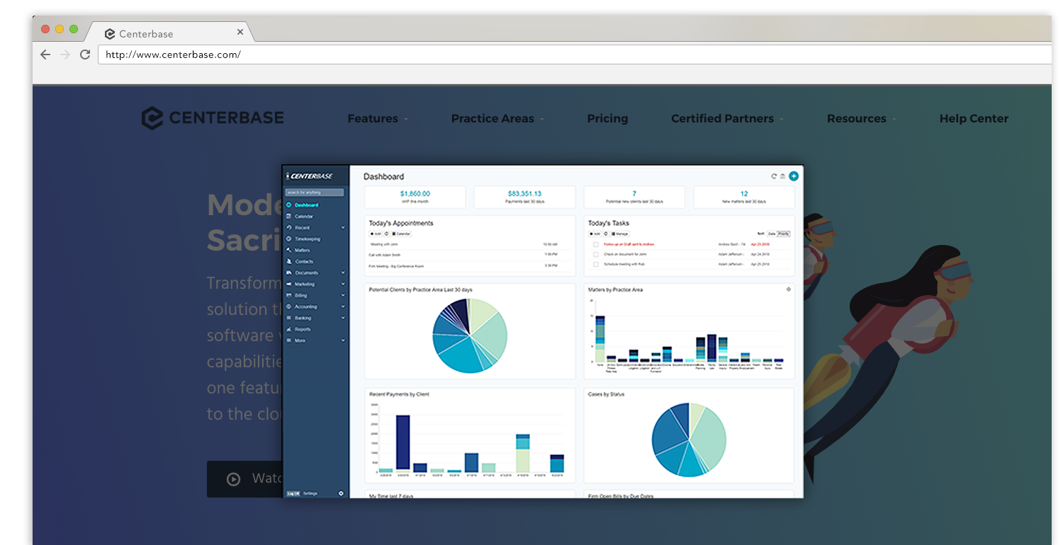 Centerbase's legal practice management software dashboard