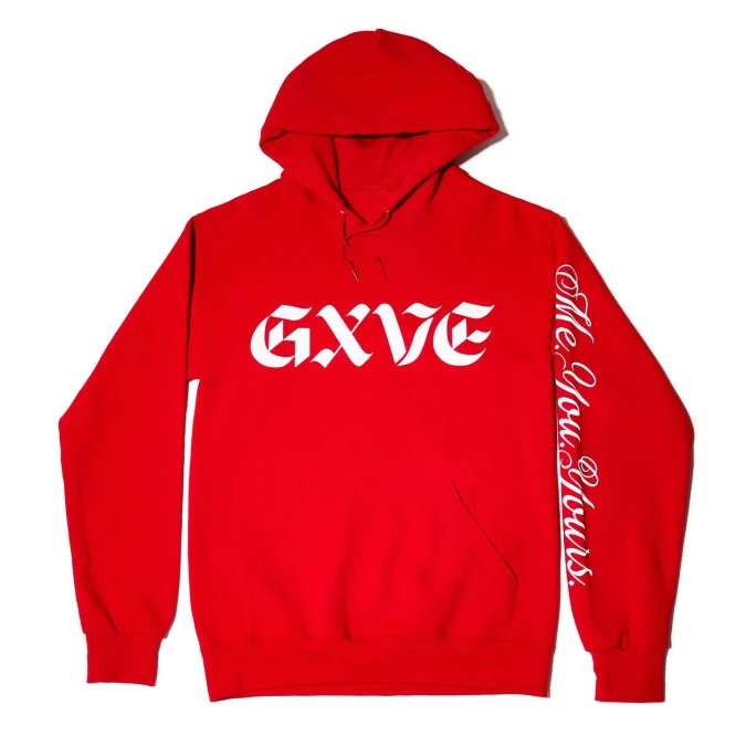 GXVE custom artwork designed & printed in white on a pullover hoodie in Gwen’s signature GXVE ‘red.’ Made of 50% cotton and 50% polyester. Front: GXVE logoBack: “GXVING Hands” designSleeve: Me. You. Yours. Design Note: this item is limited edition, final sale and non-refundable.
