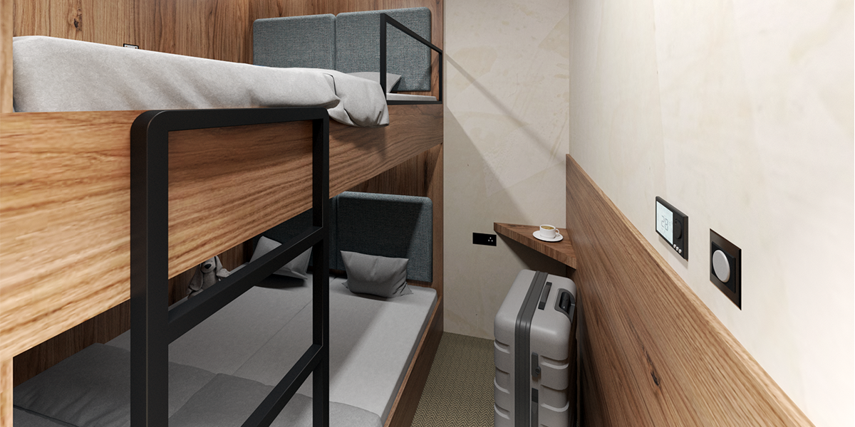 Render of bunk cabin at sleep 'n fly lounge