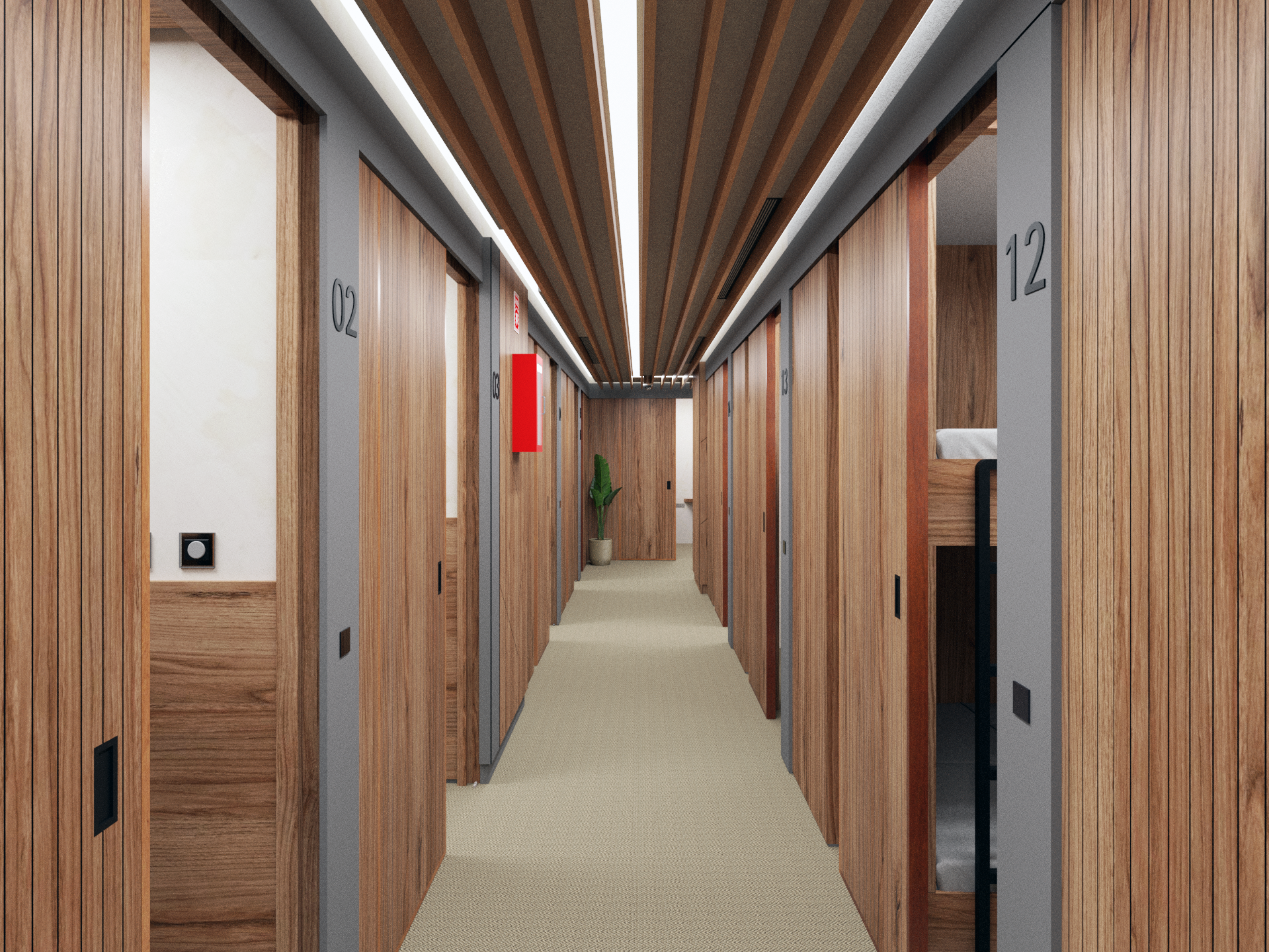 Render of hallway with wooden panels