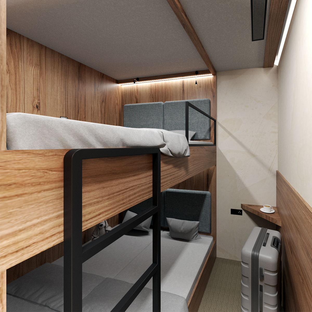 Render of bunk cabin at sleep 'n fly lounge