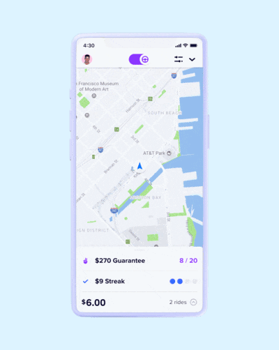 animated GIF showcasing Earnings Guarantee product feature in Lyft app on a mobile phone. 