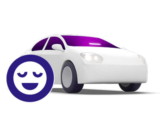 Lyft illustration of a white car with an Amp in the windshield with happy face icon to the right of the car signifying Lyft's Extra Comfort mode type. 