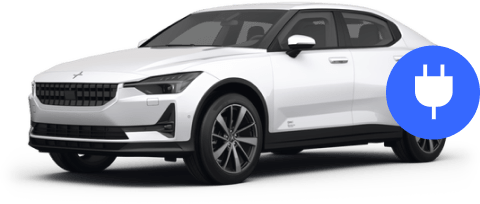 A 2022 Polestar 2 with a plug icon superimposed atop it
