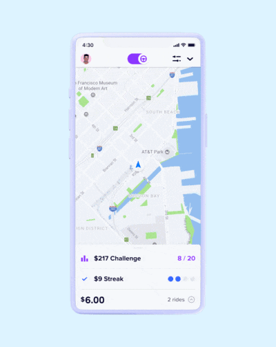 animated GIF showcasing Ride Challenges product feature in Lyft app on a mobile phone. 