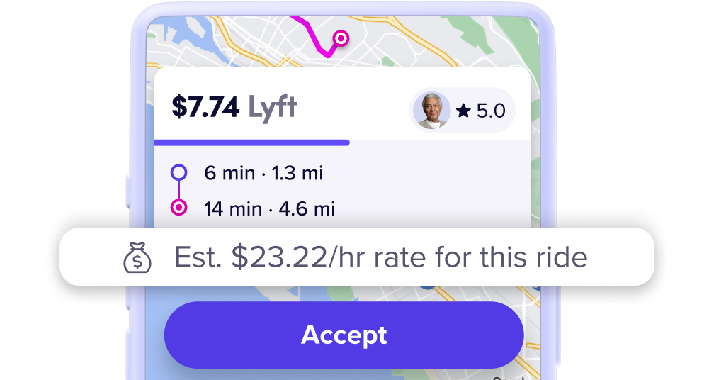 A Lyft Driver app accept screen with a notification that reads “Est. $23.22/hr rate for this ride.”