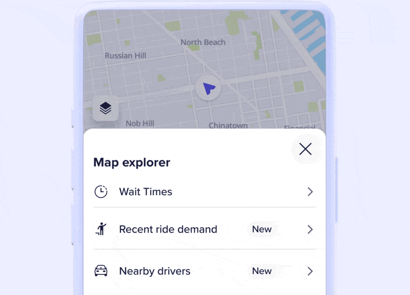 A Lyft Driver app ‘Map explorer’ screen lists wait times, recent ride demand, and nearby drivers.