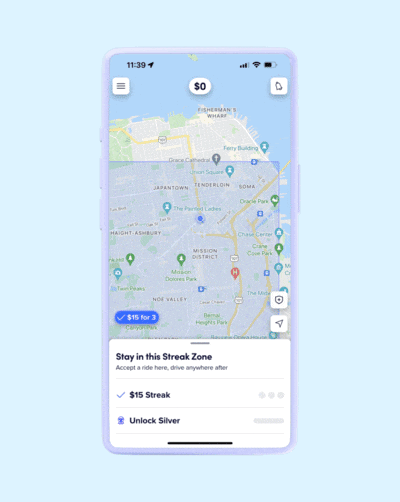 animated GIF showcasing Streak Zones product feature in Lyft app on a mobile phone. 
