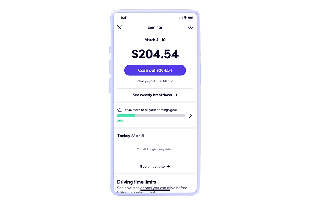 app screenshot of driver earnings from the Lyft driver app