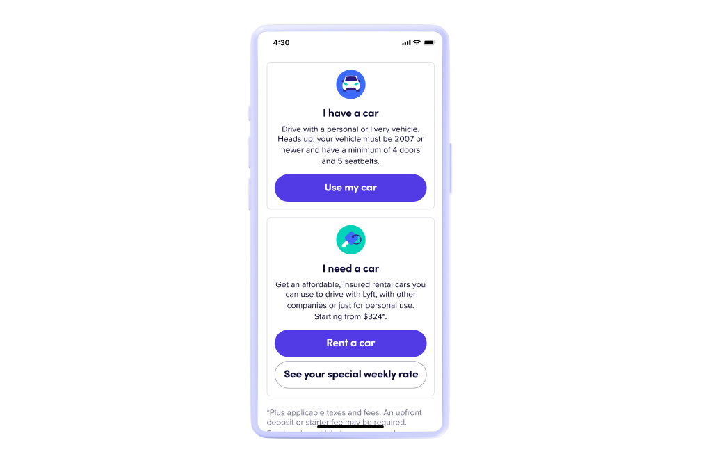 Apply To Be A Driver product screen on the Lyft app